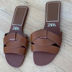 Zara Flat crossed leather Sandals Sz 37 brown